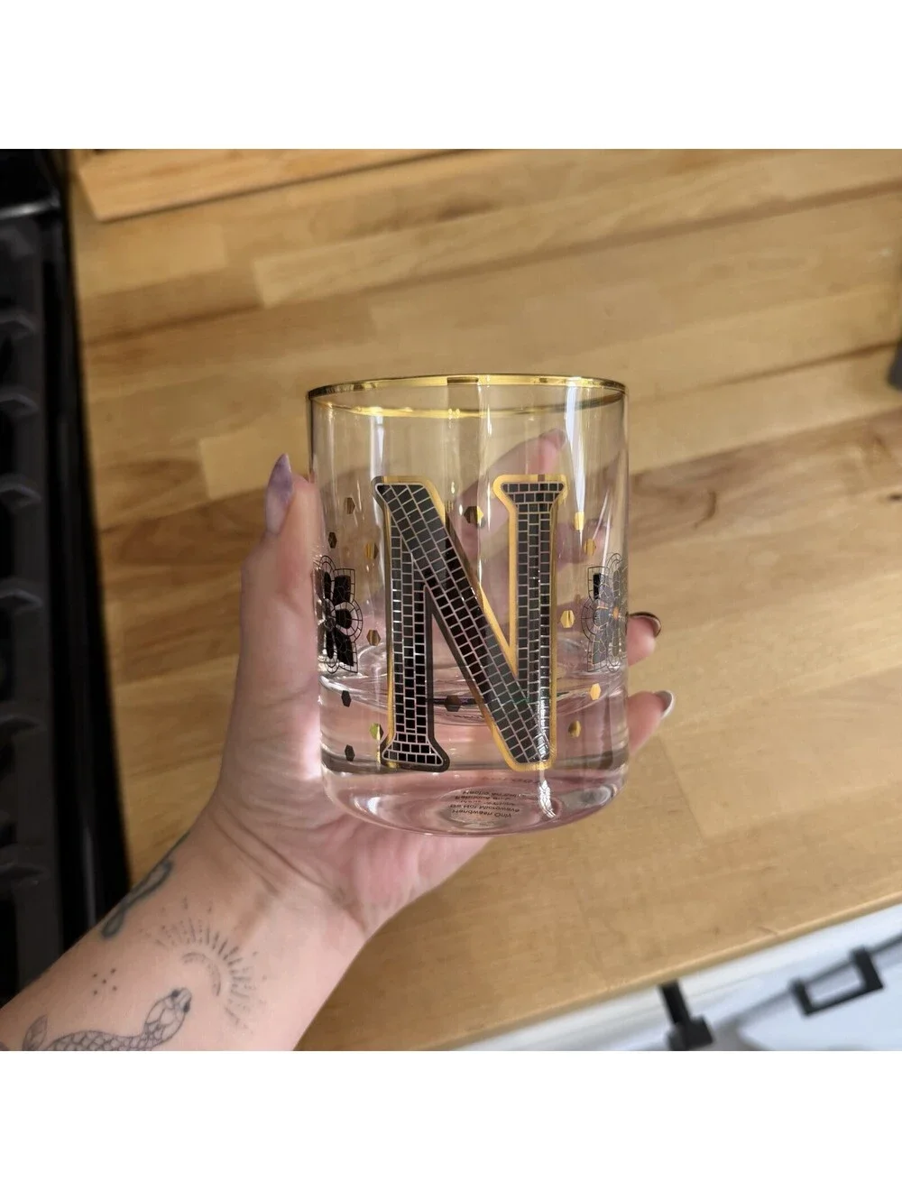 Anthropologie Bistro Tile Monogram Glass Tumbler Gold Rim Initial “N”Old Fashion